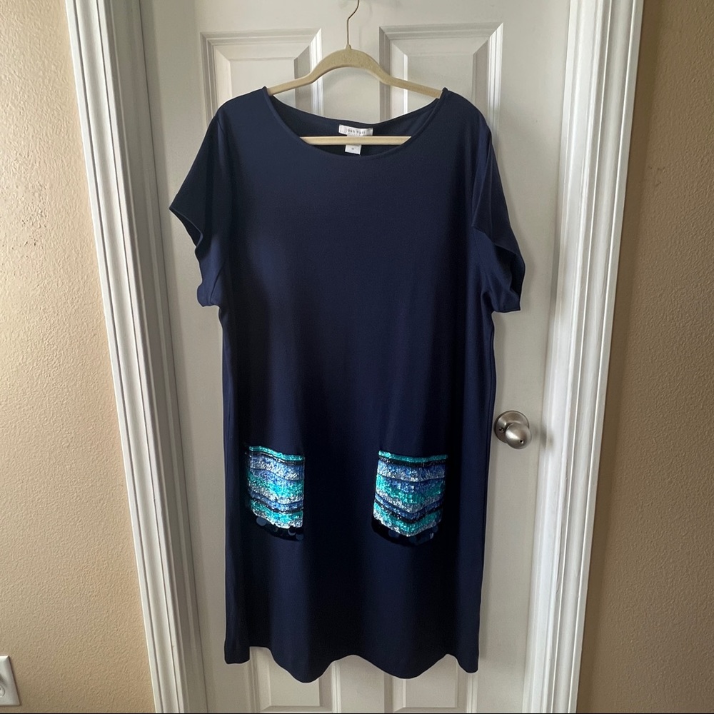 NWT Joan Vass navy blue shift dress with sequin pockets